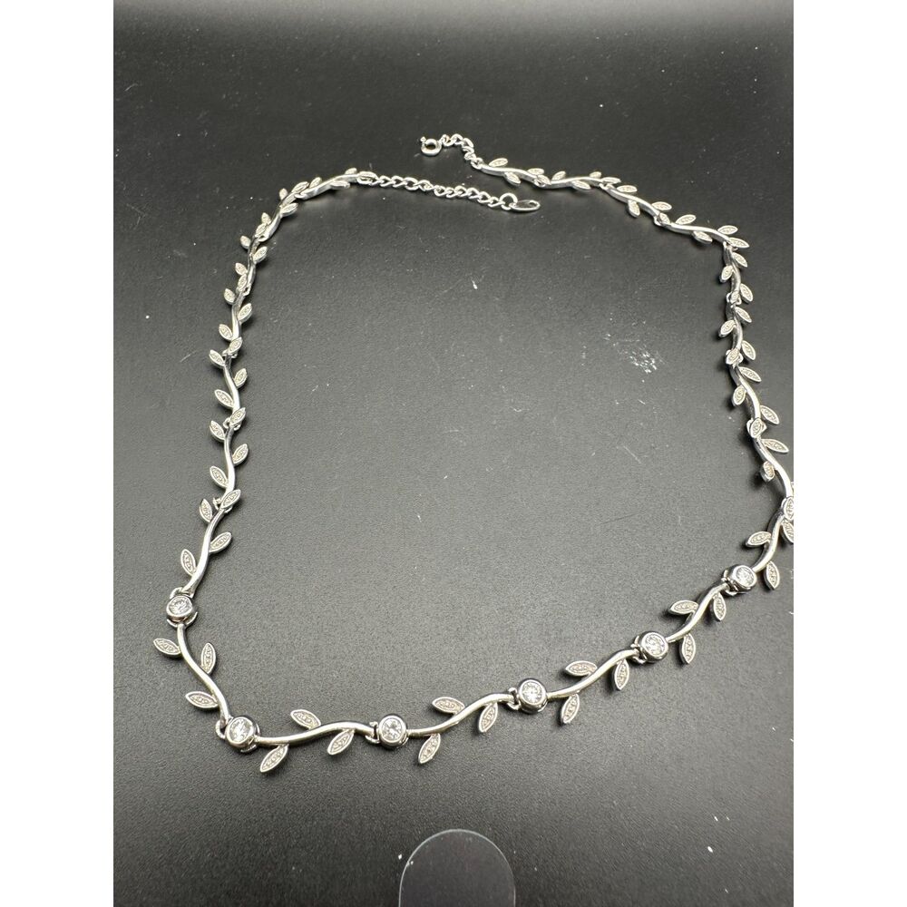 Delicate Sterling Silver and Crystal Leaf Necklace.
